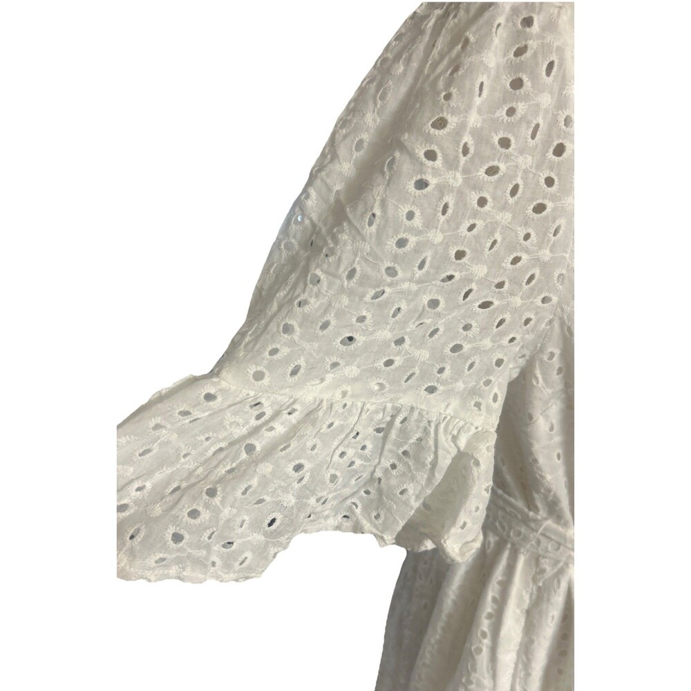 Sugarlips Kaylie Eyelet Sz M White Button Down Ruffle Midi Belted Cotton Dress - Picture 12 of 15